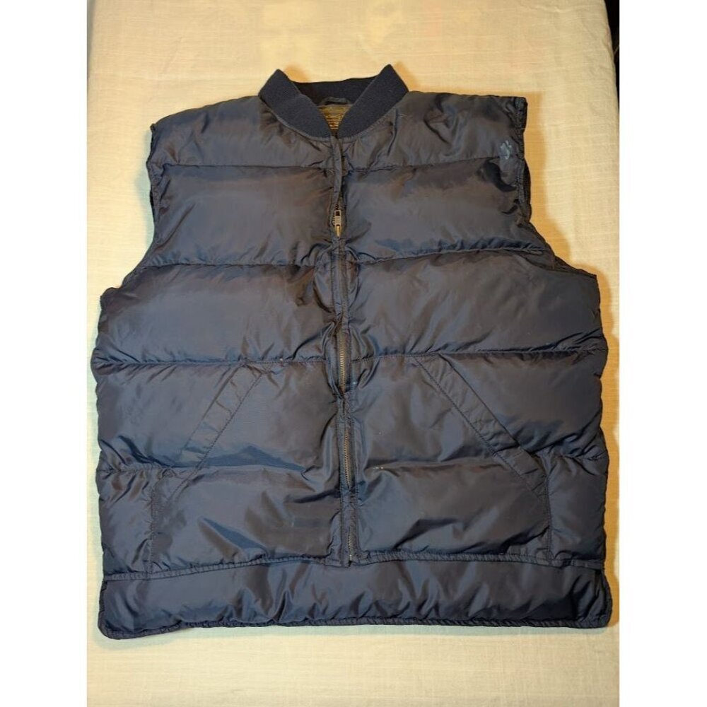 Eddie Bauer VTG Men's medium navy blue down puffer vest zip closure, distressed